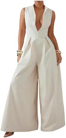 SOLY HUX Women's Zipper Front Wide Leg Jumpsuit Summer Mock Neck Sleeveless Elegant Romper, Small, Plain Apricot