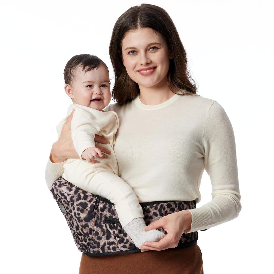 Momcozy Hip Seat Baby Carrier - Adjustable Waistband with Original 3D Belly Protector, Ergonomic Carrier with Various Pockets for Newborns & Toddlers Up To 45lbs (Leopard, Medium)