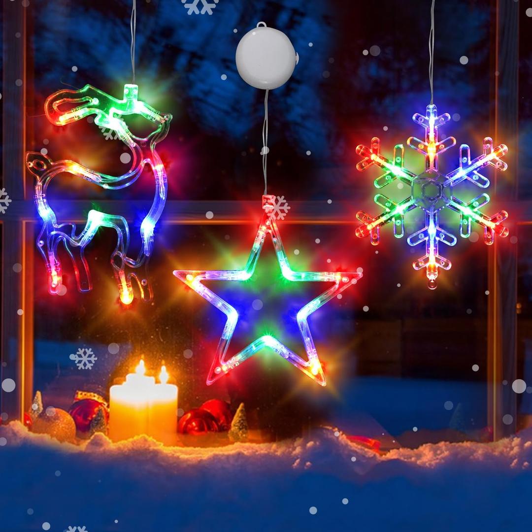 3Pcs Christmas Window Lights - Battery Powered Snowflake & Star & Elk Shaped with Suction Cup for Xmas, New Year, Balcony, Party, Indoor Outdoor Decor