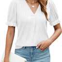 Blooming Jelly Women Summer Top Dressy Casual Blouse V Neck Puff Short Sleeve Trendy Tops Fashion Shirts Outfits 2024 (L)