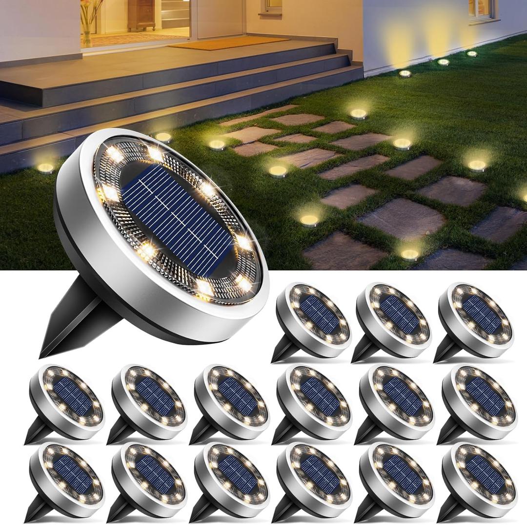 btfarm 16 Pack Solar Lights Outdoor, 8 LED Solar Ground Lights IP65 Waterproof Flat Solar Disc Light, Pathway Lights for Garden Lawn Patio Yard Path Landscape, Warm White