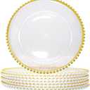 50 Pcs Clear Charger Plates 12.6Inch Plastic Round Dinner Decorative Plates with Gold Beaded Rim for Party Wedding Birthday Bridal Shower Party Table Supply
