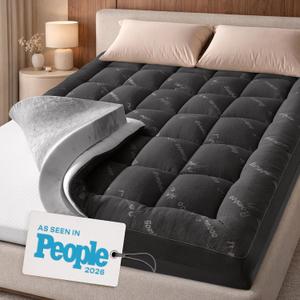 Dual-Layer 4" Mattress Topper with 20" Deep Pocket - King Size | 2 Memory Foam + 2 Viscose Made from Bamboo Pad, Double Comfort & Back Support, Removable Machine-Washable Cover, Dark Gray