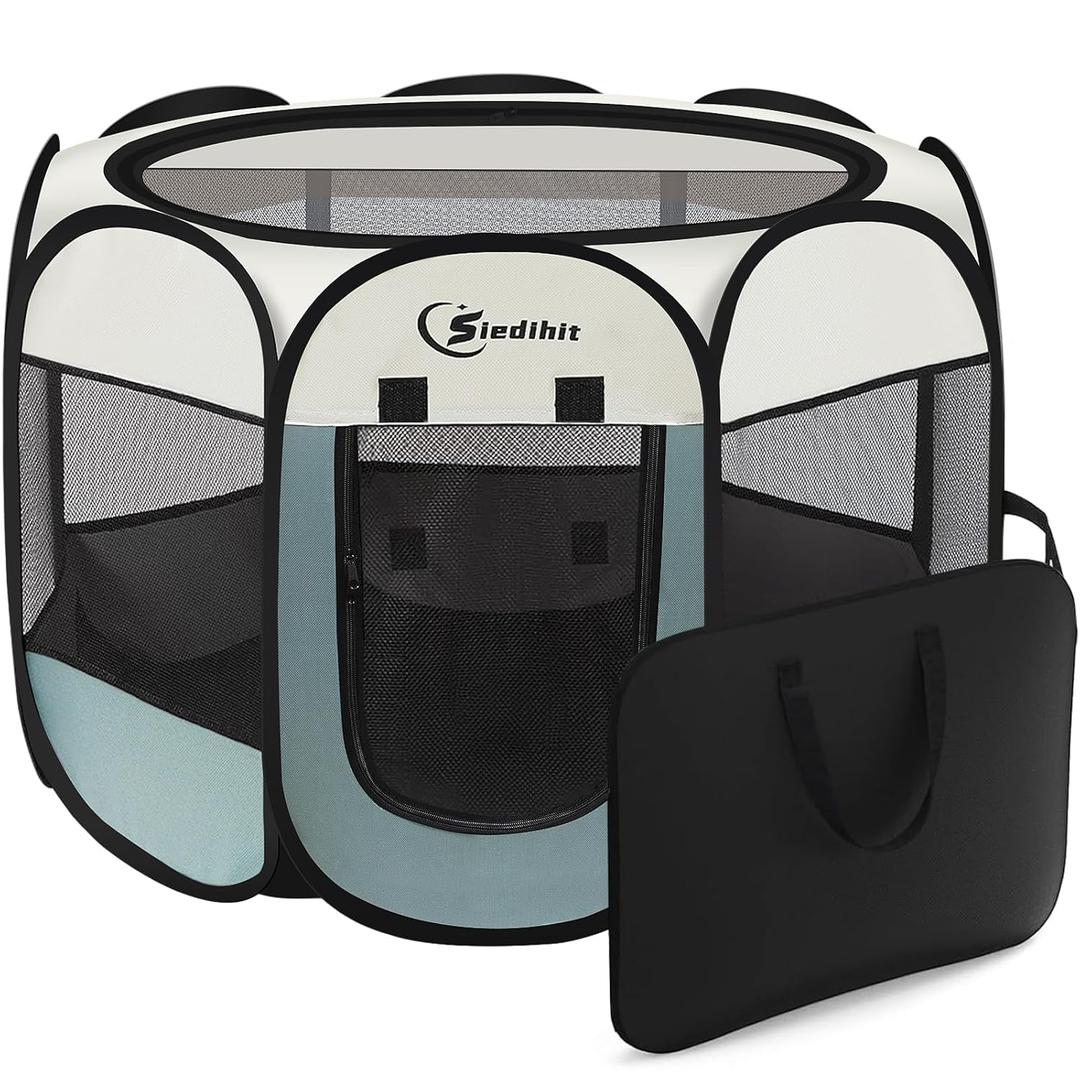 Siedihit Dog Cat Playpen, Puppy Pet Playpen Indoor for Small Dog Crate Tent Cage Outdoor, Portable Pop Up Dogs Enclosure Kennel with Carrying Case for Dogs/Cats/Rabbits(Grey, Small)