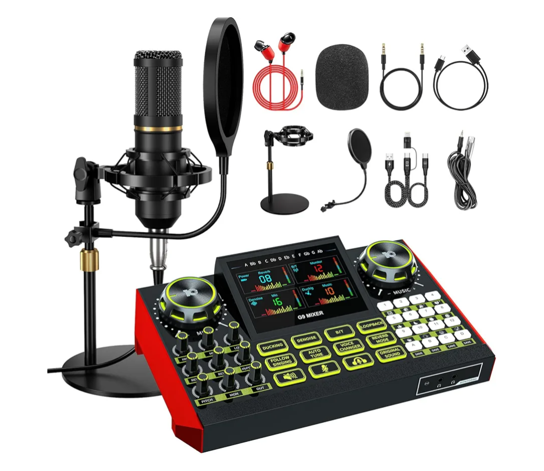 Podcast Microphone Bundle with Live Sound Card Audio Mixer, Podcast Equipment Bundle Sound Board with 3.5mm Condenser Microphone for Pc/Phone Live Streaming Singing Gaming,Voice Changer, Denoise