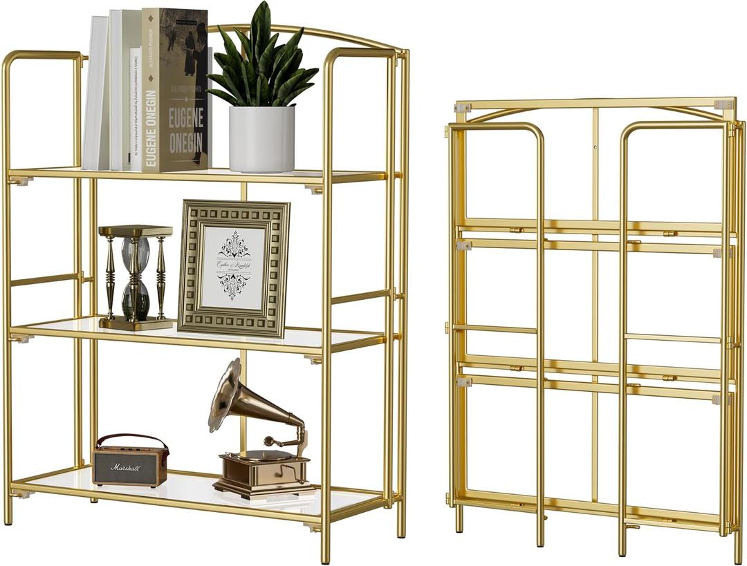 Crofy No Assembly Folding Bookshelf for Living Room, 3 Tier Gold Collapsible Book Shelf for Home Office, Portable Bookcase Storage Organizer, 3 Tier Wider