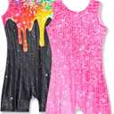 Nymphperi 2 Packs Gymnastics Leotard for Girls Sparkle Biketards with Shorts Kids Sleeveless Unitard One-Piece Dancewear (Rose Black)