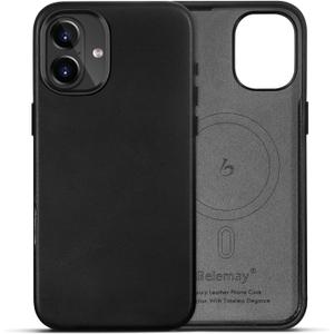 Belemay Compatible with iPhone 16 Leather Case, Compatible with MagSafe, Premium Full-Grain Vegetable-Tanned Smooth Leather, Metal Buttons & Camera Bump Frame, Classy Luxury Phone Cover (6.1") Black