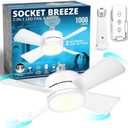 Bell+Howell Socket Breeze 15.4" Socket Fan Light, 5-Speed Deluxe Model – Portable Low Profile Ceiling Fans with Lights and Remote Control – For Bedroom, Kitchen, Living Room