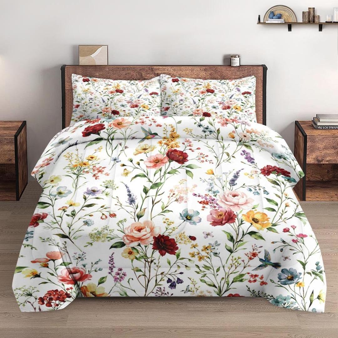 WeCozy Queen Size Comforter Set with 2 Pillowcases, Wildflower Flower Floral 3 Pcs Bedding for Kids and Adults, Boho Watercolor Butterfly Soft Comforter Set for Bedroom Bed Decor