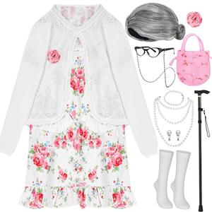 MGparty 100th Day of School Costume for Girls, Old Lady Costume for Kids, Grandma Cosplay Dress Up Accessories (130cm)