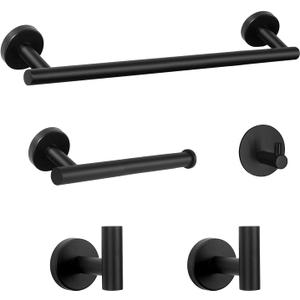 Bathroom Hardware Set SUS 304 Thicken Stainless Steel-Towel Bar Set Include 16" Towel Rod, Toilet Paper Holder, Multifunctional Hooks Bathroom Accessories (Matte Black, 3 Pieces)