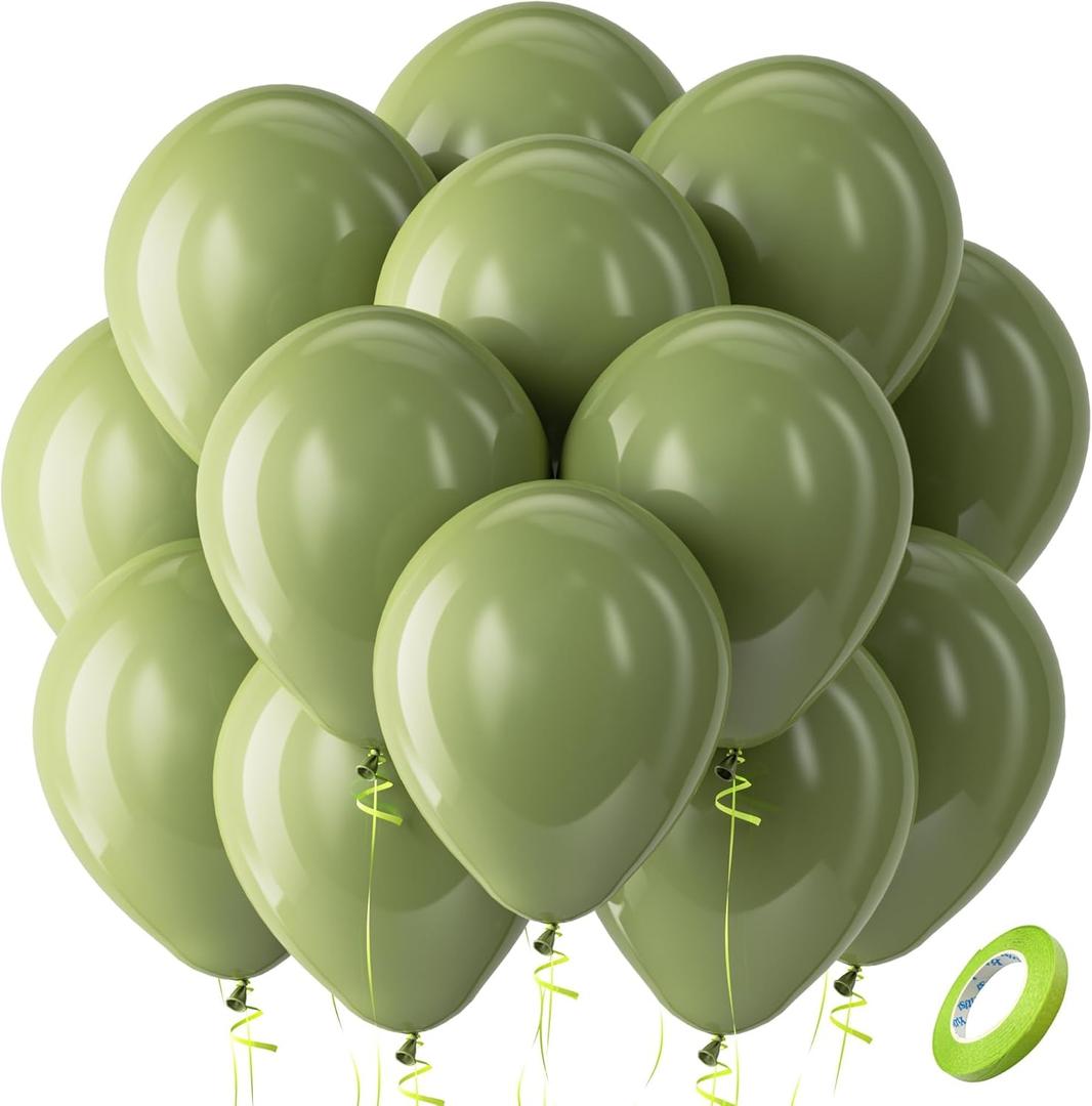 Bezente Sage Green Balloons Latex Party Balloons - 100 Pack 12 inch Round Helium Olive Green Balloons for St. Patrick's Day Woodland Birthday Bridal Shower Graduation Safari Jungle Party Decorations (11-green-p104)