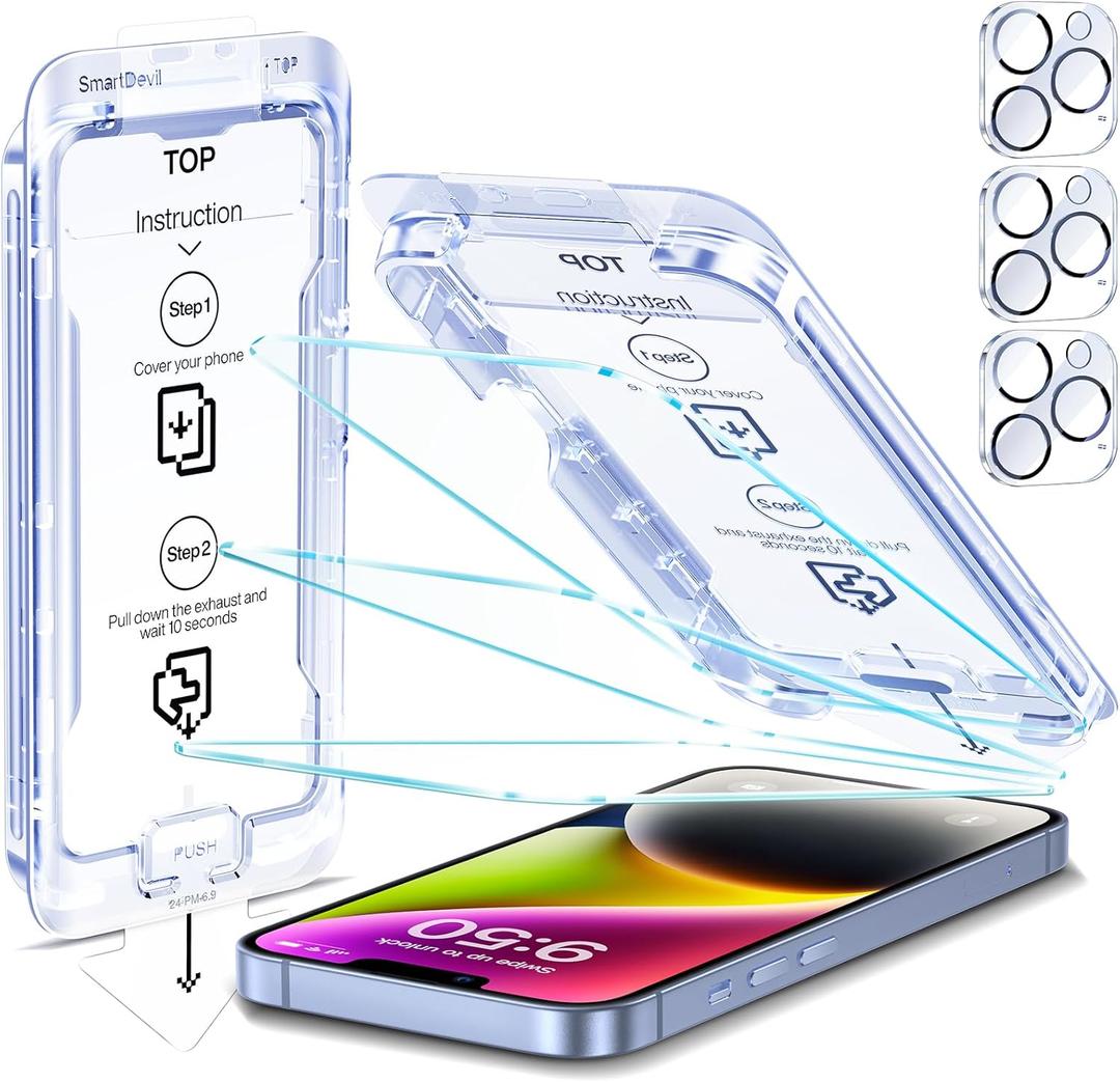 SMARTDEVIL 3-Pack Screen Protector for iPhone 14 Plus with 3-Pack Camera Lens Protector, Clear 9H Tempered Glass Film, Super Fast Installation (Dust-Free & Bubble-Free), Alignment Tool