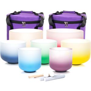 432HZ Crystal Singing Bowls Chakra Set of 7 Color 7-12" Frosted Quartz Sound Singing Bowls Set of 7 with 2 Travel Carry Cases Bags 2 Mallets Suede 2 Strikers 7 O-rings