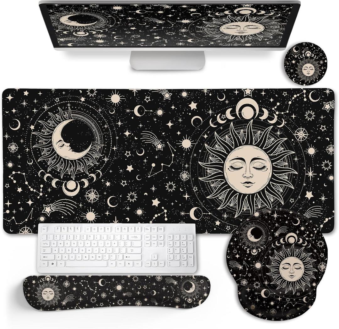Sun Moon Mouse Pad Set Desk Mat Pad, XXL Large Gaming Mouse Pad with Wrist Rest, Ergonomic Mouse Pad, Keyboard Wrist Rest, Coaster, Home Office Desk Accessories Decor Supplies, Boho Abstract