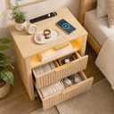 Fluted Nightstand with Charging Station & LED Light, 2 Drawer Bedside Table with Open Shelf, Modern Mid Century End Table with USB Outlet for Bedroom, Small Spaces, Oak, 18.5" x 11.8" x 25.6"