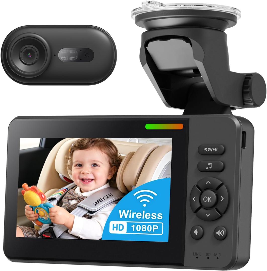 Wireless Baby Car Camera Monitor  4.3" Display + 360 Rotating Cam for Rear-Facing Seats, No Wi-Fi Needed,1080P HD with Auto IR Night Vision, USB & Battery Powered,Easy-Install (black)
