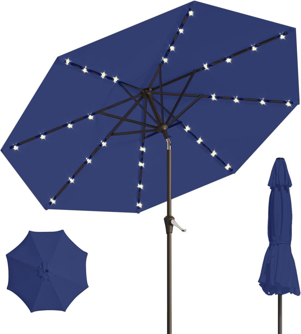 10FT Solar Umbrella 32 LED Lighted Patio Umbrella Table Market Umbrella w/Tilt and Crank, UV-Resistant Outdoor Umbrella for Pool, Garden, Deck, Navy Blue