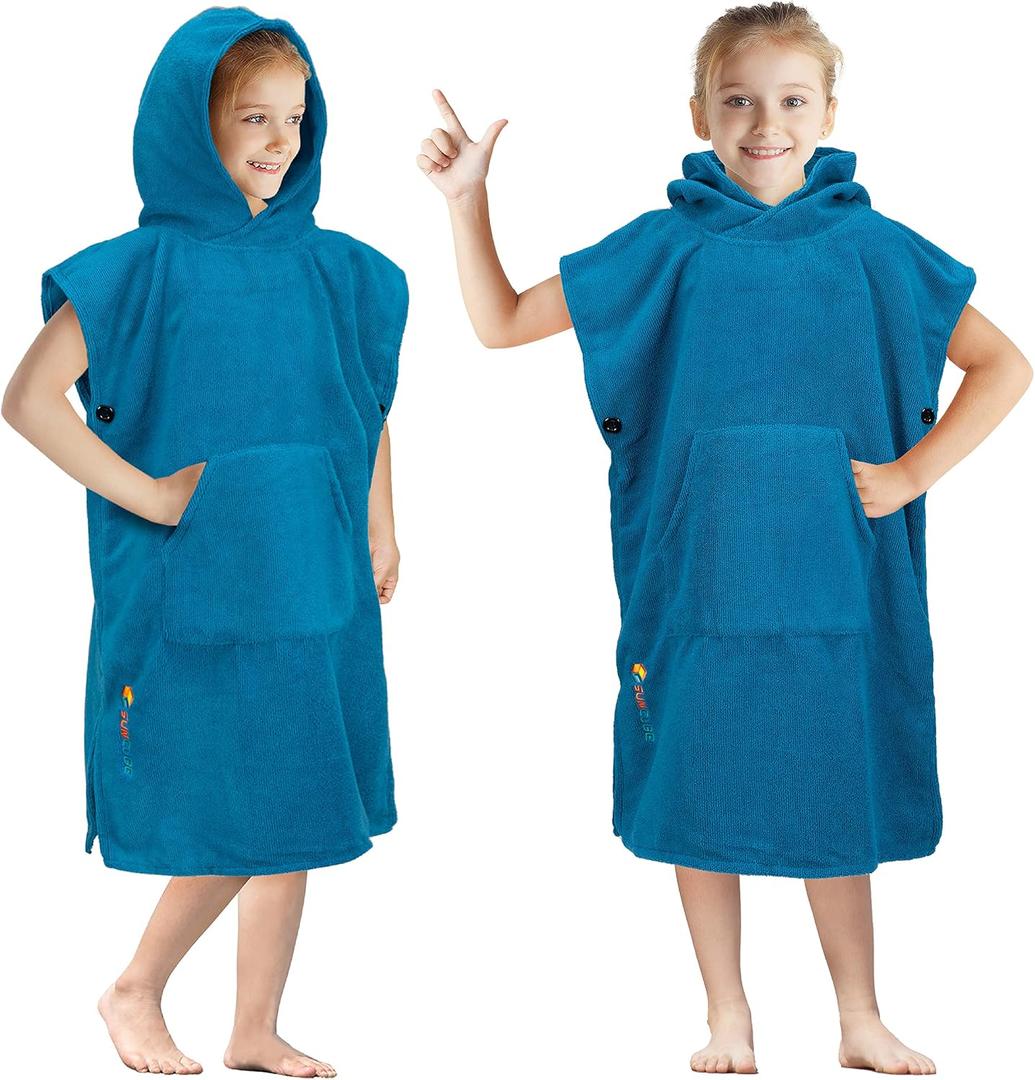 SUN CUBE Kids Changing Robe Surf Poncho, Kids Beach Towels, Hooded Towel for Teens Bath Pool, Microfiber Quick Dry Wearable Towel Poncho with Hood, Swim Towel for Girls 8-12 Years, Teal Sea Blue