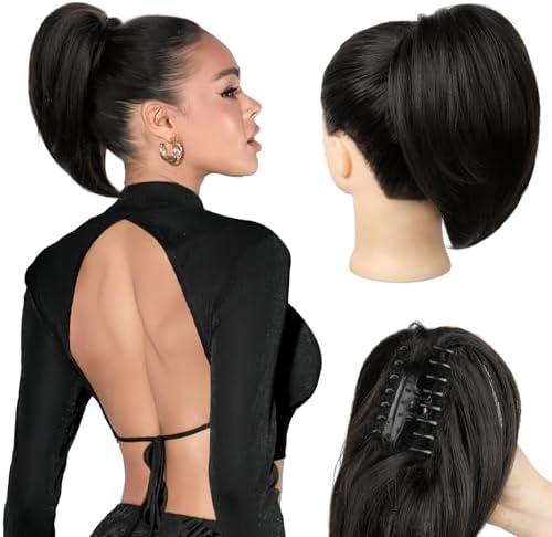 NTYNTY Ponytail Extension - 10" Short Claw Clip in Ponytail Hair Extensions Messy Bun Hair Piece Natural Soft Synthetic Straight Pony Tail Hair Pieces for Women - Black Brown
