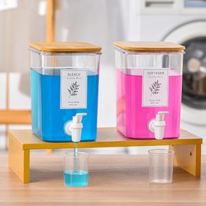 Liquid Laundry Detergent Dispenser Set with Shelf and Bamboo Lids for Laundry Room Organization and Storage - 2 Pack 90 oz Laundry Containers for Laundry Soap, Fabric Softener