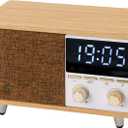 Retro Bluetooth Speaker Clock Radio with Fabric Grille&Wood Finish,Vintage FM Radio with Dual Alarm,Dimmable LED Display for Bedroom Nightstand,Office Desk,Loud Sound,Rechargeable,Knob Control ,TF&AUX
