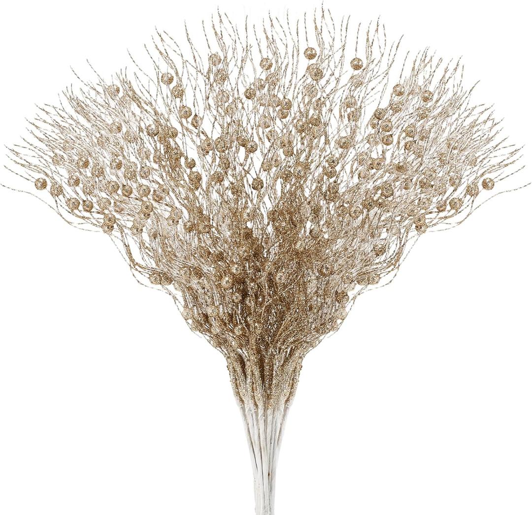 Joyhalo 24 Pack Christmas Tree Picks and Sprays, Christmas Tree Filler Decorations, Christmas Glitter Berry Stem Ornaments, Glittery Twigs, Picks, Branches for Christmas Tree (Champagne)