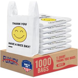 Fuxury 1000 Count Happy Smiling Face Thank You Plastic Bags (11.5 x 6.5 x 21) White, Have a Nice Day T-shirt Bags for Business, Grocery, Take Out, To Go, Retail Shopping in Bulk