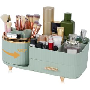 Zufudo Makeup Organizer Countertop with Drawer 360 Rotating Brush Holder Storage Large Capacity Skincare Cosmetic Display Cases for Vanity Bathroom Desktop, Model 3016 Green