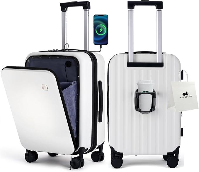 BISON DENIM 20 Inch Carry On Luggage, PC Lightweight Hardside Expandable Carry-On Luggage Airline Approved With Spinner Wheels, Front Compartment, Cup Holde, TSA-approved Lock, USB Port