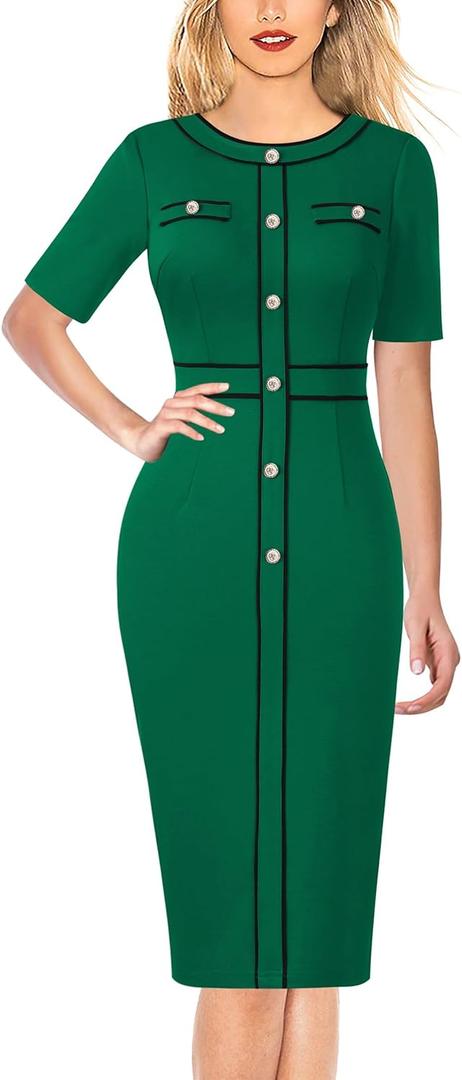 VFSHOW Womens Buttons Patchwork Work Business Office Party Bodycon Pencil Sheath Dress Size S VFSHOW Womens Buttons Patchwork Work Business Office Party Bodycon Pencil Sheath Dress Size S