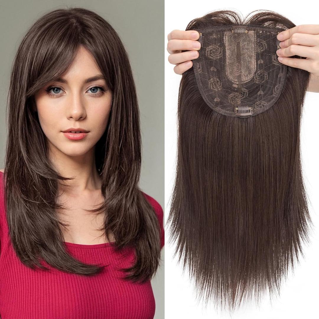 MY-LADY Hair Toppers for Women with Thinning Hair 18 Inch 6"x6" Lace Base Wiglets with Side Bangs Clip in Synthethic Hairpieces Dark Brown