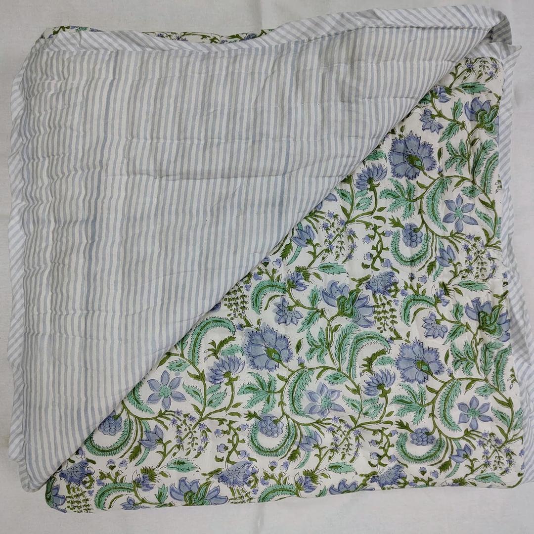Ridhi Cotton Reversible Quilt Hand Block Printed Queen 90 x 96 Columbia Blue Soft Lightweight Blanket for Sofa Couch & Bed Dcor Lightweight Soft Breathable Handmade