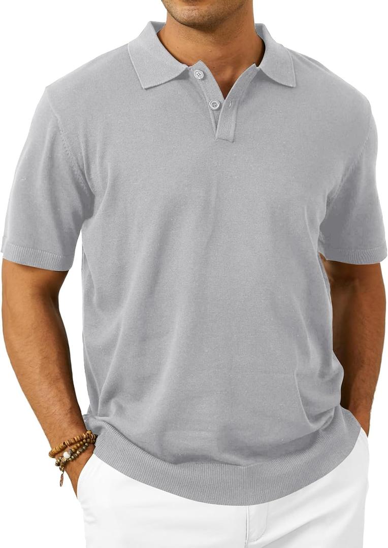 Mens Knit Polo Shirts Short Sleeve Casual Classic Collared Stretchy T-Shirts (Medium)