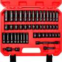 Socket Set 3/8" Drive Impact Socket Set,48-Piece 6 Point Deep,Standard SAE and Metric CR-V Steel Sockets with extension bar (Metric and SAE, 3/8" Socket Set, 48pcs)