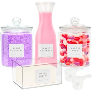 Glass Laundry Room Organization and Storage Set with Pods Holder, Detergent Container, Fabric Softener, Scent Booster Dryer Balls Acrylic Dryer Sheet Holder 2 Half Gallon Glass Jars Labels (4)