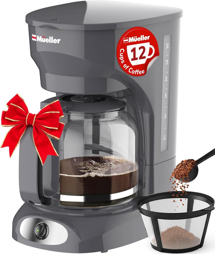 MUELLER HOME 12-Cup Drip Coffee Maker Perfect for Home or Office, Borosilicate Carafe, Auto-Off, Reusable Filter, Anti-Drip, Keep-Warm Function, Clear Water Level Window, Gray