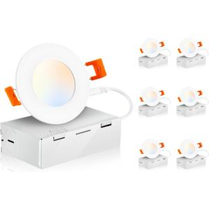 CLOUDY BAY 3 inch 5 Color Ultra Thin LED Recessed Light with Junction Box, Canless Wafer Downlight, IC Rated, 8W CRI90+, 5 Color Temperature Selectable, Illumination Diameter 1-7/8inch,White, 6 Pack