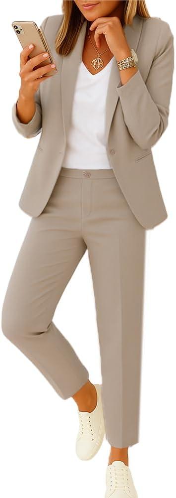 Pant Suits for Women Dressy 2025 Business Blazer and Elastic High Waist Straight Leg Pants Work 2 Piece Outfits (Large, Khaki)