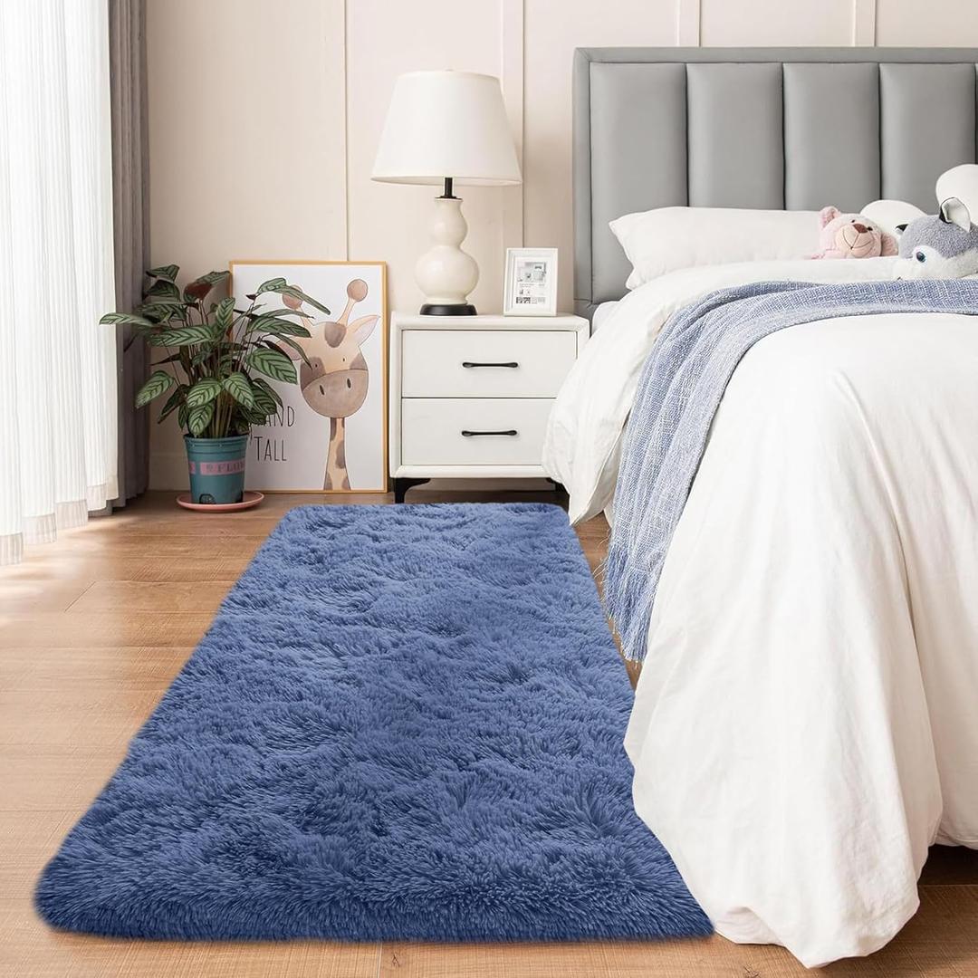FVVRAX Fluffy Area Rug for Living Room, Shaggy Bedroom Rug, Soft Modern Carpet for Kids Room, Thick Plush Nursery Rug for Baby, Non-Slip High Pile Rugs for Bedroom Home Decor, 2'x6' Cobalt Blue