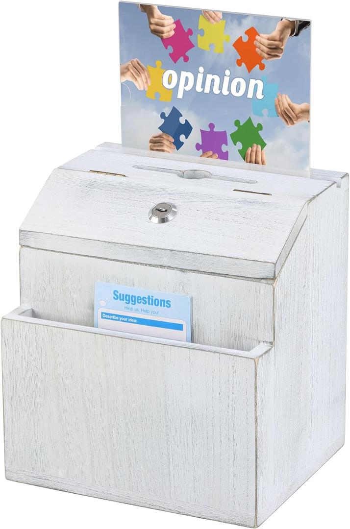 KYODOLED Wood Suggestion Box with Lock, Rustic White Ballot Box Donation and Key Drop Box with Acrylic Sign Holder and 30 Free Suggestion Cards, Wall Mounted or Freestanding, 9H x 6.9W x 8.5L Inch