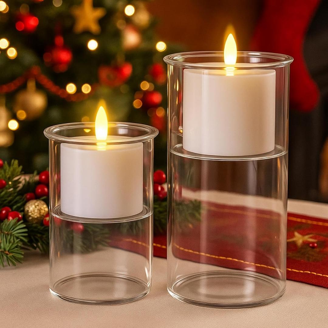 Domensi 2 Pcs Christmas Votive Flameless Candles Glass Candle Holders Real Wax 3D Wick LED Pillar Votive Wax Set Battery Operated Flickering Light for Home Xmas Table Decoration
