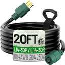 20 FT 30 Amp Generator Extension Cord 4 Prong, Heavy Duty NEMA L14-30P to NEMA L14-30R, 125/250V 7500W, Green 10 Gauge STW Twist Locking House Power Cord, 20 Feet Generator Cable