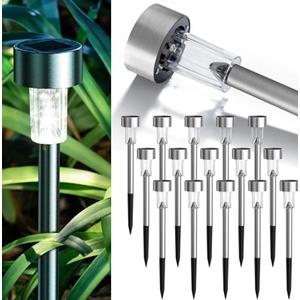 GIGALUMI Solar Lights Outdoor Waterproof,16 Pack Stainless Steel LED Solar Garden Lights for Patio, Lawn, Yard and Landscape(Cold White)