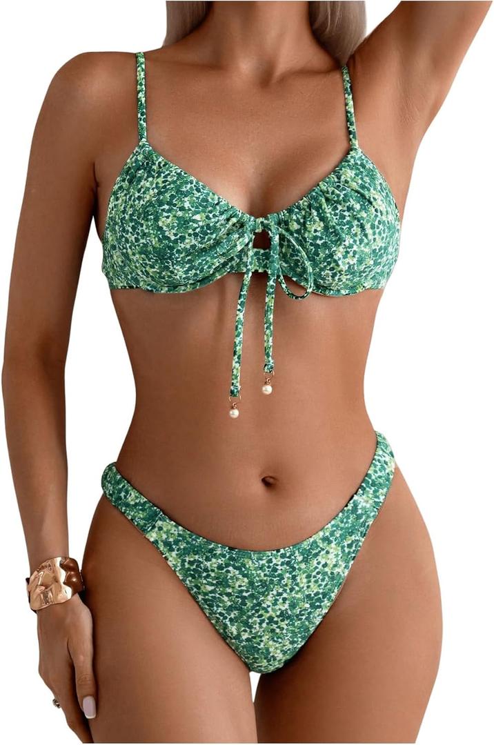 SOLY HUX Women's 2 Piece Bikini Sets Boho Floral Print Underwire Swimsuit Tie Front Cut Out Bathing Suit (Medium, Multicolor)