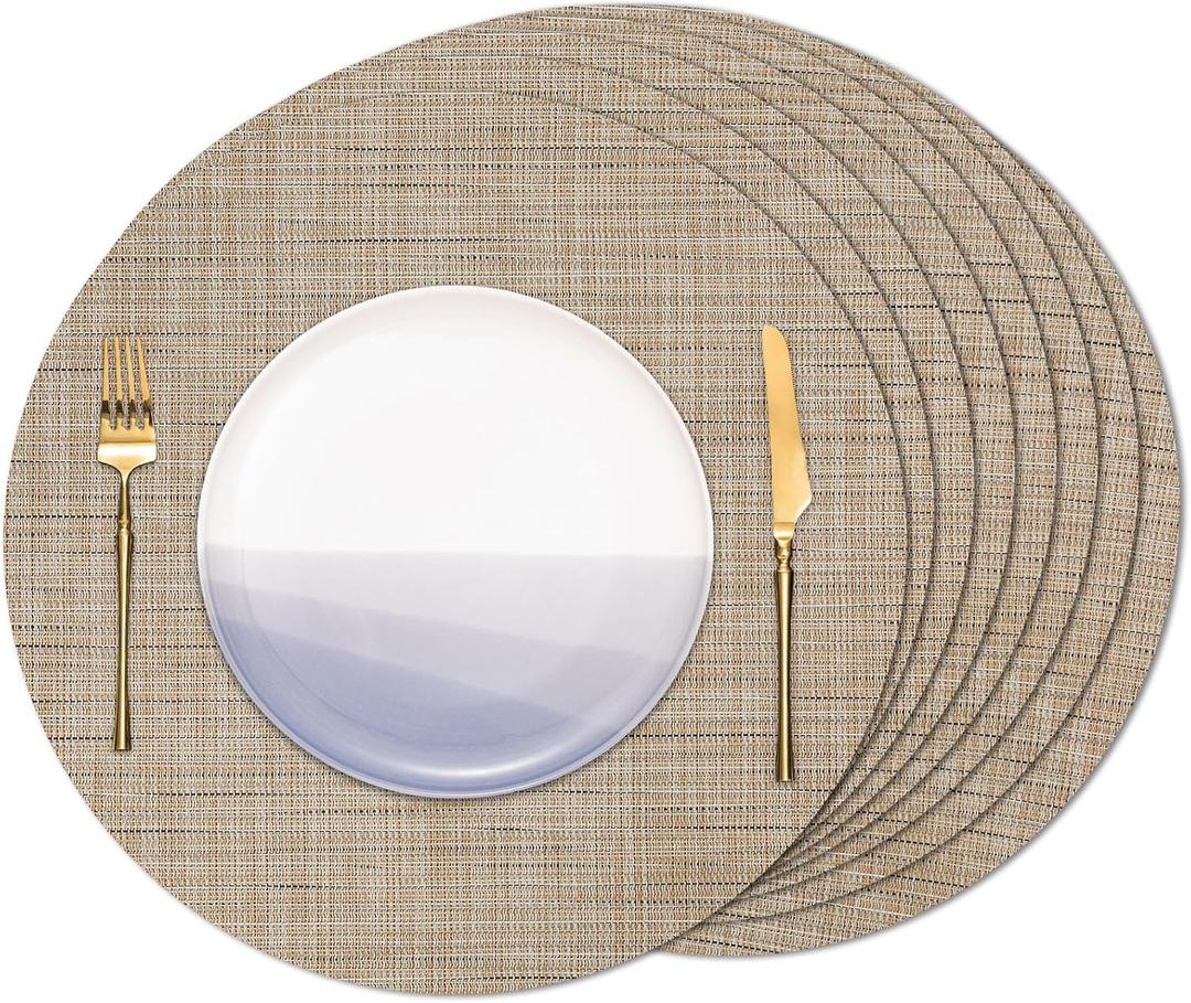 Banchif Round Placemats Set of 8 Heat Resistant Vinyl Placemats 15 inch Washable Non-Slip Table Mats Woven Place Mats for Dining Table (Beige, Set of 8)