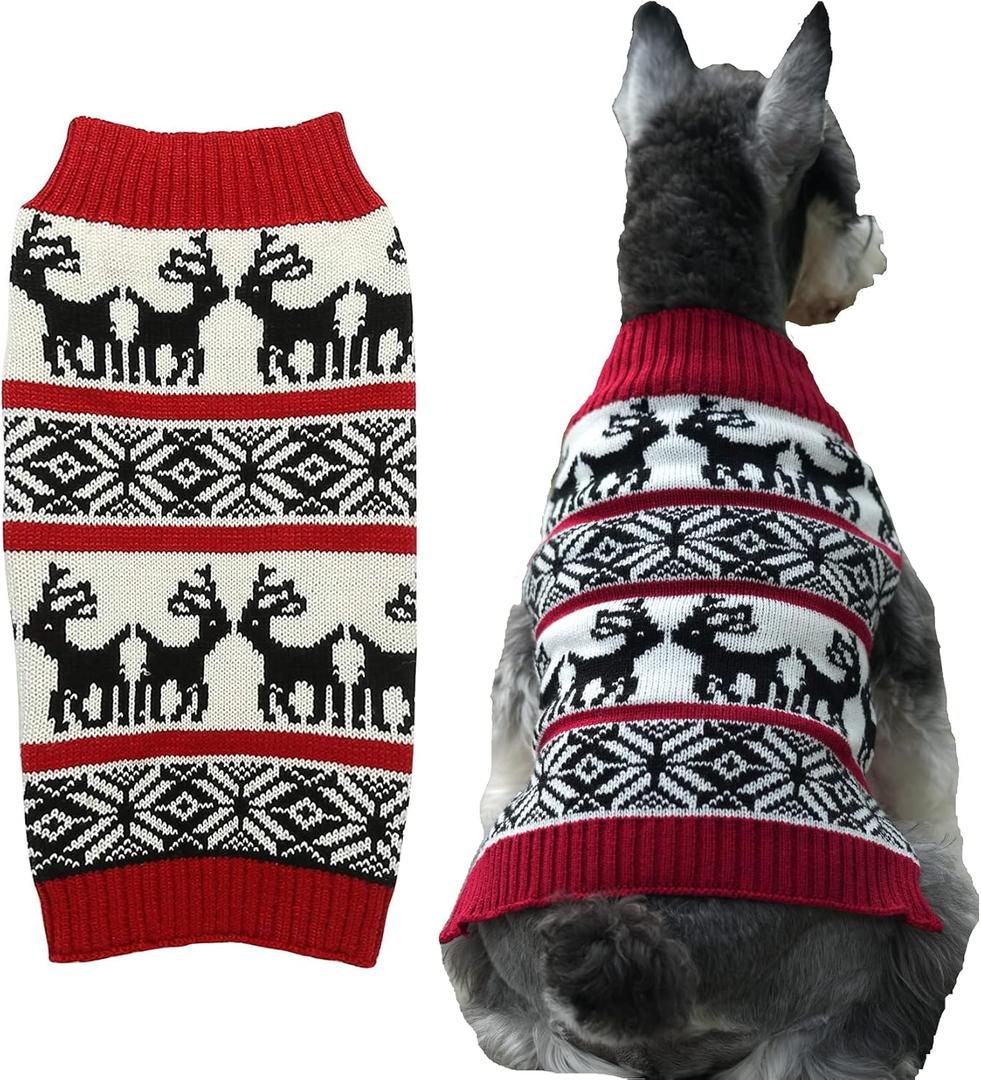Lanyarco Ugly Vintage Dog Christmas Sweater, Knit Xmas Reindeer Holiday Festive Christmas Dog Sweaters for Small Dogs, Medium M 13" (Red)