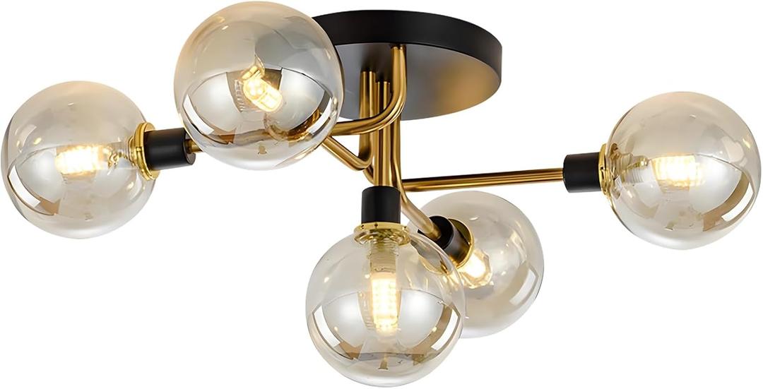 KCO Lighting 5-Light Mid-Century Modern Glass Globe Semi Flush Mount Ceiling Light Black and Gold Brush Metal Sputnik Chandelier Farmhouse Vintage Close to Ceiling Lighting (Amber)