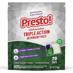Amazon Brand - Presto! Triple Action Dishwasher Pacs, Anti-spotting, Fresh Scent, No Phosphates or Chlorine, 70 Count
